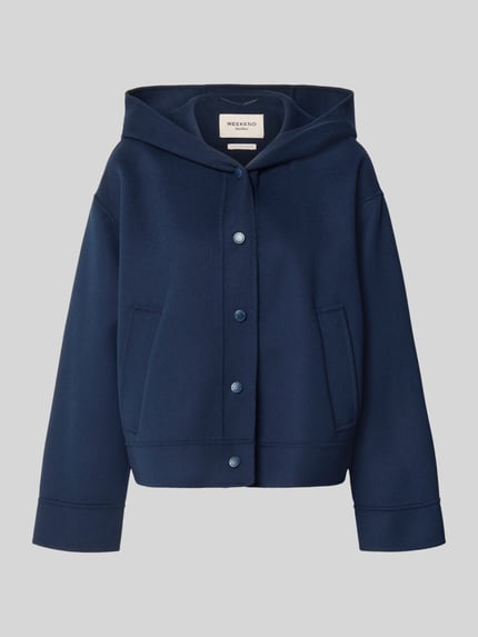 Produktfoto, dunkelblaue Regular Fit Wolljacke mit Knöpfen und Kapuze, glatte Textur, Modell 'WKDRIDENTE' von Weekend Max Mara, Damen Bomberjacke / Blouson