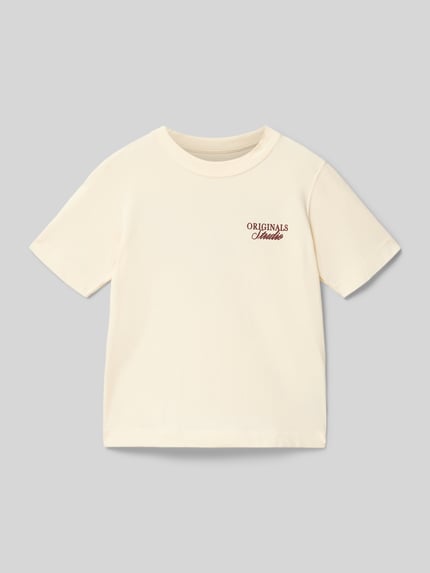 Produktfoto, cremefarbenes Kinder T-Shirt aus reiner Baumwolle mit Statement-Print, Regular-Fit, Rundhalsausschnitt, Modell 'Bro' von Jack & Jones, Rückenlänge 50 cm bei Größe 140.
