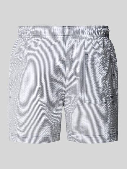 Productfoto, blauwe-witte gestreepte heren zwembroek van seersucker, regular fit, elastische band, trekkoord, model 'MAUI OCEAN' van Jack & Jones