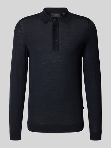 Produktfoto, Regular Fit Strickpullover aus reiner Schurwolle von MAERZ Muenchen in Dunkelblau, Polokragen, elastische Abschlüsse, glatte Textur