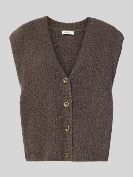 Produktfoto, Relaxed Fit Weste mit Alpaka-Anteil Modell 'Zolly' von American Vintage, mieszanka bawełny i wełny z alpaki, krój relaxed fit, imitacja dzianiny, listwa guzikowa, dekolt w serek, długość tyłu w rozmiarze XS/S: 57 cm, kolor brązowy, miękka tekstura