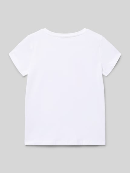 Produktfoto, T-Shirt mit Rundhalsausschnitt und Motiv-Print von Guess, weißer Baumwoll-Mix mit Stretch-Anteil, Gerader-Schnitt, schlichte Oberfläche