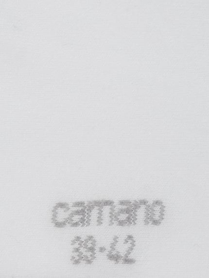 Produktfoto, weiße Oberfläche mit weicher Textur, grauer camano Schriftzug, Sneakersocken im 2er-Pack Modell 'SILKY' von camano, Viskose-Mix mit Stretch-Anteil, körpernahe Passform für Damen.