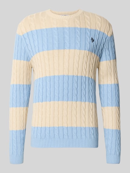 Produktfoto, Slim Fit Strickpullover aus reiner Baumwolle mit Zopfmuster von REVIEW, beige und hellblau, rippen-gesäumt, Label-Stitching