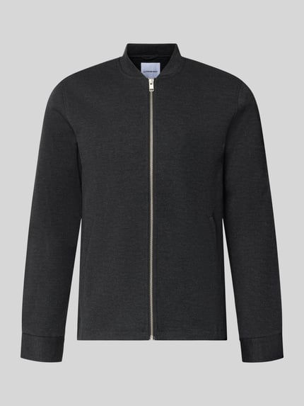 Produktfoto, Slim Fit Sweatjacke mit Stehkragen von Lindbergh, Mieszanka materiałów z dodatkiem streczu, krój slim fit, zamek błyskawiczny, wpuszczane kieszenie, kolor ciemnoszary, gładka tekstura