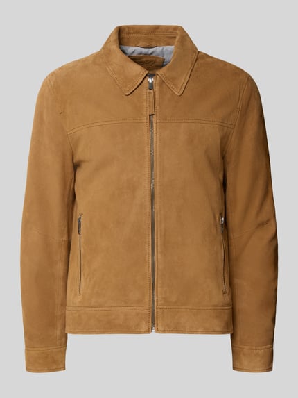 Produktfoto, lichtbruine Lederjacke aus Schafsnubuk mit Reißverschluss Modell 'TRIVEN' van MAURITIUS, regular fit, suède textuur, opstaande kraag, ritssluiting, ritszakken
