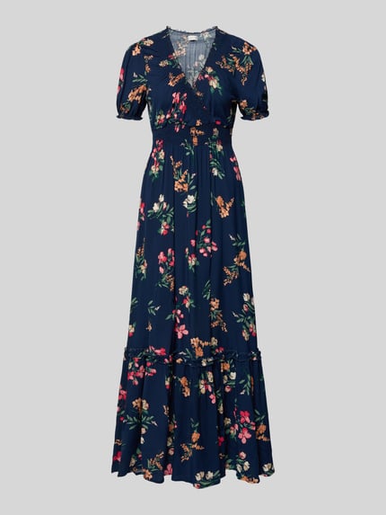 Produktfoto, Regular Fit maxi-jurk uit zuiver viscose met V-hals van Apricot, getailleerd, korte mouw, bloemen all-over print, plooien