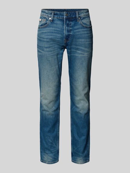 Produktfoto, Jeans mit 5-Pocket-Design von Calvin Klein Jeans, niebieski denim, krój slim fit, bawełna z elastanem, detal z logo, szerokość w rozmiarze 32/32: 44 cm, długość nogawki wewnętrznej: 79 cm