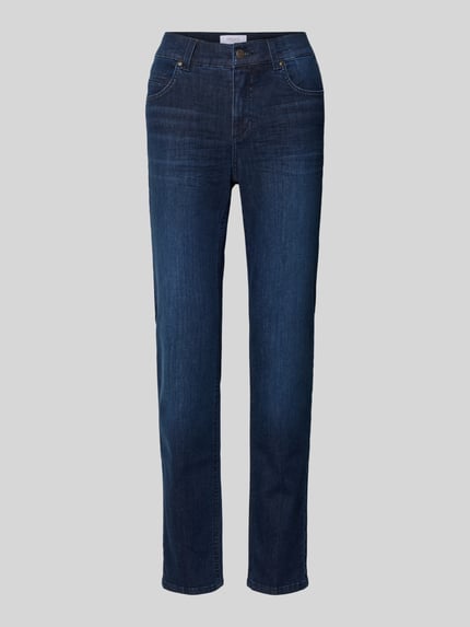 Produktfoto, Slim Fit Jeans im 5-Pocket-Design Modell 'CICI' von Angels, mieszanka bawełny z dodatkiem streczu, krój slim fit, zapięcie na guzik i zamek błyskawiczny, szerokość w rozmiarze 36/32: 37 cm, długość wewnętrzna nogawki: 82 cm, kolor ciemnoniebieski, delikatna tekstura denim