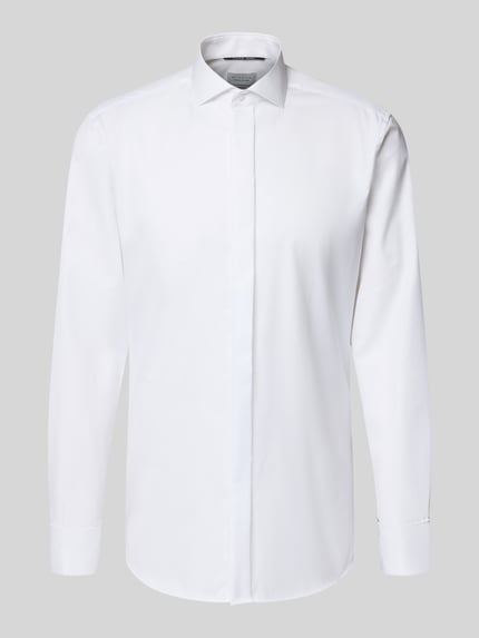 Produktfoto, Slim Fit Business-Hemd mit verdeckter Knopfleiste von ETERNA, weiß, reine Baumwolle, Haifischkragen, glatte Textur.