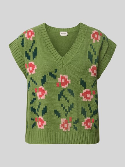 Produktfoto, groene loose fit spencer van katoenmix model 'ALAMARO' van Weekend Max Mara met roze bloemenpatroon, dames pullover
