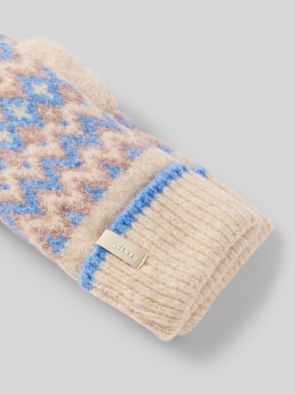 Produktfoto, Handschuhe in Fäustling-Optik Modell 'Nakarah' von Barts in Beige mit blau-braunem Muster und grober Wolltextur, Damen Handschuhe von Barts