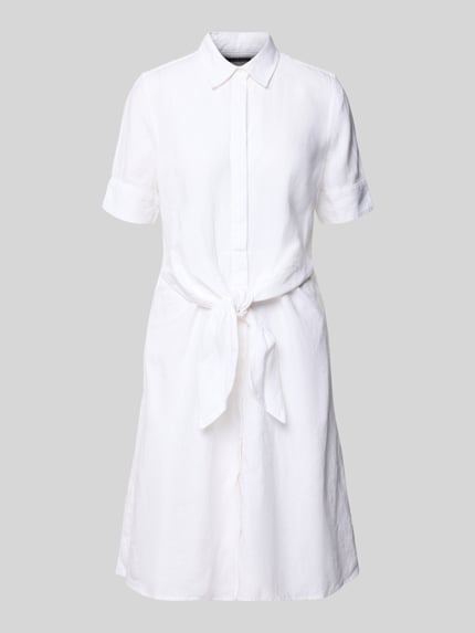 Productfoto, wit 'Körpernahes Blusenkleid aus reinem Leinen' van Polo Ralph Lauren in midi-lengte, uni optiek, smalle fit, V-hals, spitse kraag, 1/2-mouw met knoopmanchetten, verlengde tailleceintuur, rugpas, vlamgarenstructuur, puur linnen.