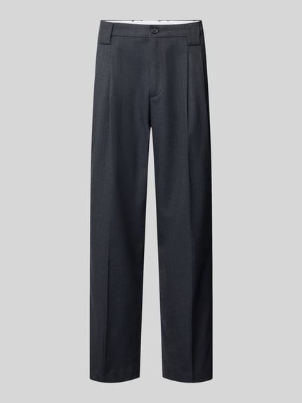 Produktfoto, Straight Fit Stoffhose aus elastischem Viskose-Mix von MCNEAL in Dunkelgrau mit Bügelfalten, Gürtelschlaufen, Knopf- und Reißverschluss, Bundweite 50 cm, Innenbeinlänge 75 cm, glatte Struktur
