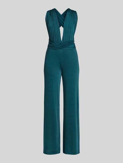 Produktfoto, Jumpsuit mit rückseitig gekreuzten Trägern von Rose Avenue in Dunkelgrün, tiefer V-Ausschnitt, Regular Fit, weich fallender Stoff