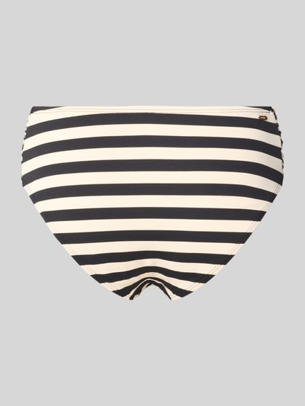 Produktfoto, Mid Waist Bikini-Slip mit Label-Detail Modell 'Yadbor' von Barts, schwarz-weiße Streifen, Material-Mix mit Stretch-Anteil, Seitliche Raffungen, Rückansicht.