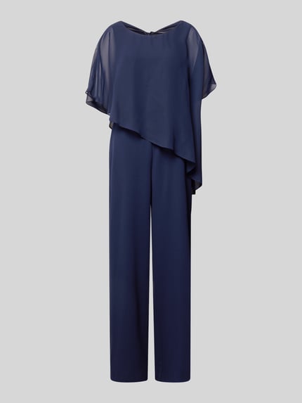 Produktfoto, Jumpsuit mit Rundhalsausschnitt von Swing in dunklem Blau, Material-Mix mit Stretch-Anteil, semitransparenter Besatz, lockerer Schnitt, französische Eingrifftaschen, Rückenlänge 37 cm, Brustweite 42 cm, Ärmellänge 30 cm, Gesamtlänge 151 cm, Innenbeinlänge 86 cm.