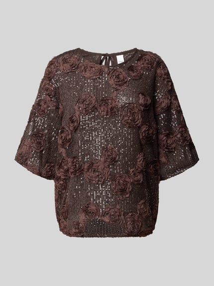 Produktfoto, Blusenshirt mit Pailletten Modell 'ELYSIA' von YAS in Braun, Material-Mix mit Stretch-Anteil, Relaxed Fit, 3/4-Arm, Rundhalsausschnitt