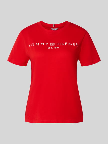 Produktfoto, Regular Fit T-Shirt aus reiner Baumwolle von Tommy Hilfiger in Rot, unifarben, Jersey-Material, Logo-Detail, Rundhalsausschnitt