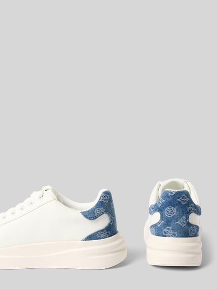 Produktfoto, Sneaker aus Leder-Textil-Mix Modell 'ELBINA14' von Guess in Weiß und Blau mit Logo, Abgerundete-Spitze, Schnürung, Absatzhöhe 5 cm, Schafthöhe 7 cm, Schaftweite 9 cm