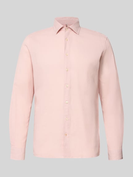 Produktfoto, Slim Fit Freizeithemd aus Leinen-Mix Modell 'Steven' von CINQUE in Hellrosa mit Baumwoll-Leinen-Mix, Kentkragen, Langärmelig, durchgängige Knopfleiste, glatte Textur, Größe M: Rückenlänge 68 cm, Schulterbreite 42 cm, Ärmellänge 65 cm.