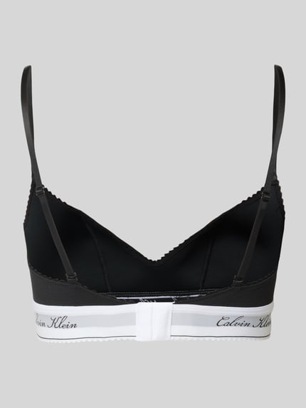 Produktfoto, czarny biustonosz typu bralette model 'SCRIPT Lightly Lined' z mieszanki bawełny i modalu od Calvin Klein Underwear, białe i czarne paski, gładka tekstura