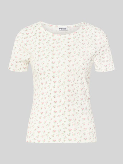 Produktfoto, Slim Fit T-Shirt aus reiner Baumwolle Modell 'TURIEL' von Pieces, Optik:Allover-Muster, Rundhals, Rüschen, Kurzarm, Ripp-Struktur