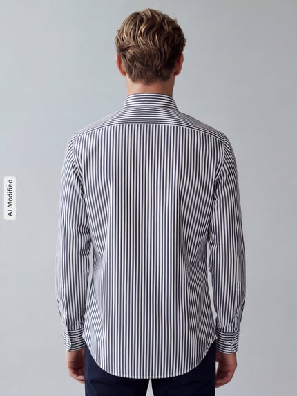Männermodel trägt Regular Fit Businesshemd aus Baumwoll-Mix Modell 'H-Joe-kent' von BOSS mit feinen Streifen, Ganzkörperansicht Rückansicht, Herren Businesshemd von BOSS.