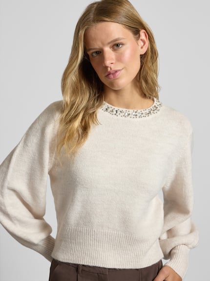ONLY Regular Fit Strickpullover mit Schmucksteinbesatz Modell 'ELSA' Beige 3