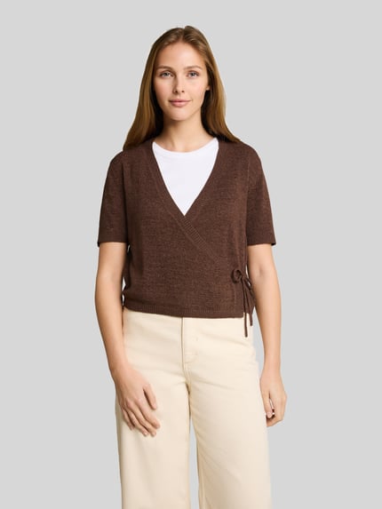 Tom Tailor Denim regular fit gebreid jack met bindceintuur Chocoladebruin - 4