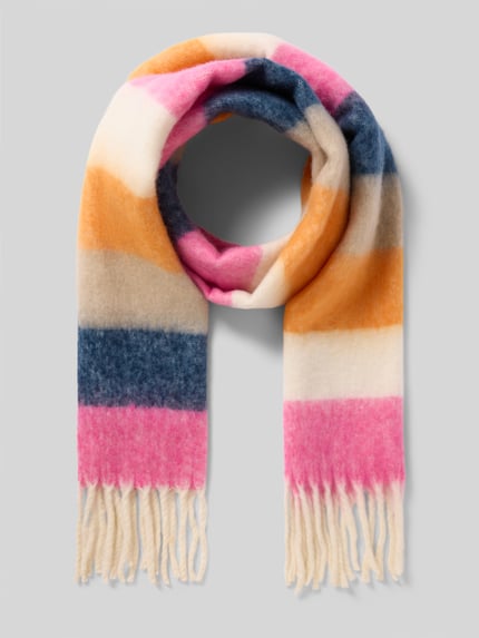 Produktfoto, Schal mit Fransen und Streifen-Muster von Kurt Beines in Rosa, Weiß, Beige, Blau und Orange, rechteckige Form, weiche Textur, Maße 42 x 188 cm.