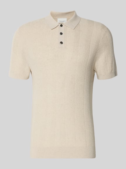 Productfoto, Slim Fit Poloshirt mit knoopsluiting van Profuomo, katoen-linnenmix, structuurpatroon, beige kleur, maat M ruglengte 70 cm.