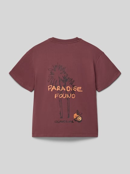 Produktfoto, Regular Fit T-Shirt aus reiner Baumwolle von s.Oliver RED LABEL in Bordeaux, unifarben mit Motiv-Print, Jersey-Textur.