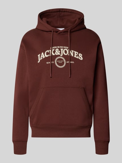Produktfoto, Hoodie mit Label-Print Modell 'JAM' von JACK & JONES in Braun mit Känguru-Tasche, Baumwoll-Mix, Regular Fit, glatte Textur