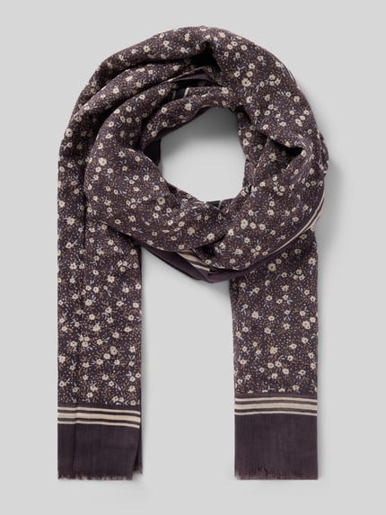 Produktfoto, Schal aus Modal-Baumwoll-Mix von Marc O’Polo Denim in Dunkellila mit floralem Allover-Muster und feiner Label-Schriftzug-Applikation.