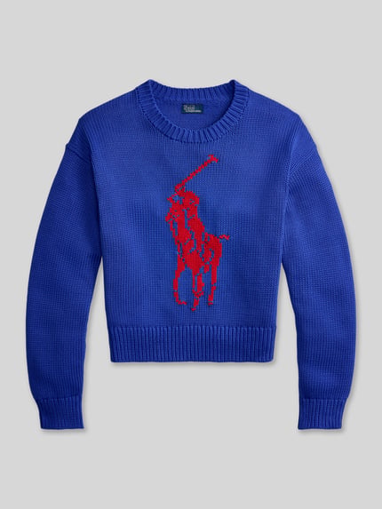 Produktfoto, Regular Fit Strickpullover aus reiner Baumwolle von Polo Ralph Lauren in Two Tone Optik, große Pony-Intarsia, blaue Stricktextur