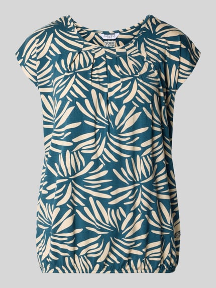 Produktfoto, Regular fit blouse uit viscosemix model 'Minou' van ZABAIONE, bloemen all-over print, korte mouwen, ronde hals, elastische band, ruglengte maat S 62 cm, blauw met beige kleuren, gladde stof, afgeronde vormen