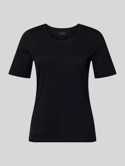 Produktfoto, schwarzes T-Shirt mit Rundhalsausschnitt von Christian Berg Woman aus reiner Baumwolle im Regular Fit, glatte Textur.