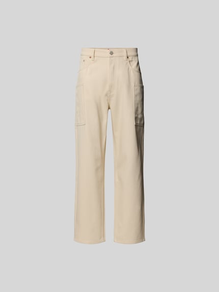Produktfoto, Straight Fit Jeans mit Cargo-Taschen von Kenzo, bawełniany materiał, krój straight fit, beżowy kolor, 5 kieszeni, Szerokość w rozmiarze 32: 76 cm, długość nogawki 45 cm