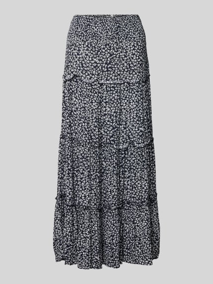 Produktfoto, Maxi-Rock aus reiner Viskose Modell 'FERNANDA' van Only met all-over motief, uitlopend, maxilengte, applicatie met ruches, deelnaden, gesmokte boord, crêpe materiaalverwerking, zuiver viscose, donkere kleuren, ronde vormen, zachte crêpe textuur