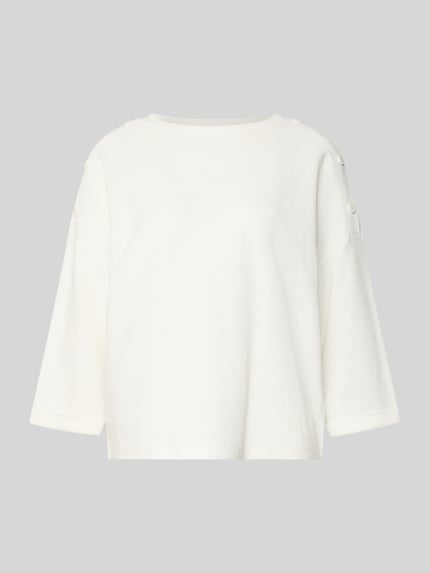 Produktfoto, Loose Fit Langarmshirt aus Baumwoll-Mix mit Modal-Anteil von Tom Tailor, weiß, unifarben, Piqué-Oberfläche, Schulterknöpfe