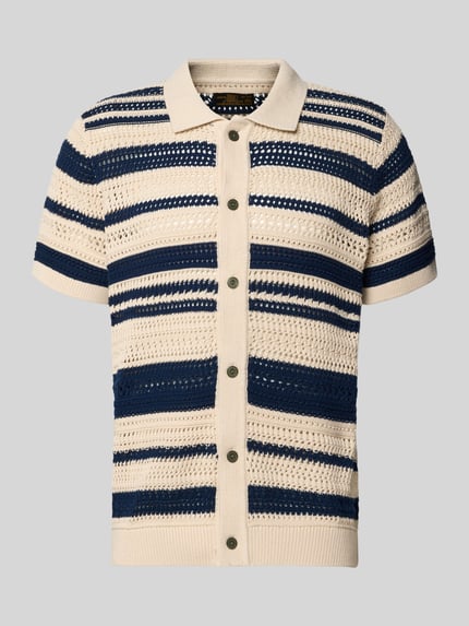 Produktfoto, Modern Fit Freizeithemd in Strick-Optik mit Knopfleiste von Jack & Jones Premium, reine gewachste Baumwolle, Modell 'BLUHAMILTON', Kentkragen, kurzes Hemd in Beige mit marineblauen Streifen, Struktur-Muster, Größe M, Rückenlänge 72 cm, Ärmellänge 23 cm