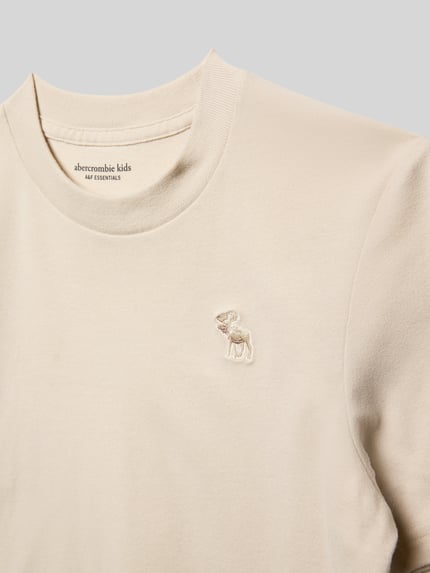 Produktfoto, T-Shirt mit Rundhalsausschnitt und Label-Stitching von Abercrombie&Fitch, beige, Regular Fit, feine Baumwollstruktur