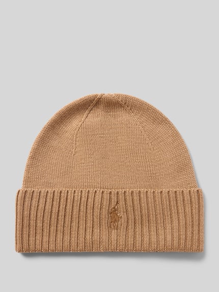 Productfoto, Mütze aus reiner Wolle van Polo Ralph Lauren heren, effen lichtbruine kleur met fijne gebreide structuur