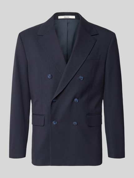 Produktfoto, Regular Fit Anzugsakko mit Viskose-Anteil Modell 'LIAM' von SELECTED HOMME, Optik: Unifarben, Reverskragen, Rückenschlitz, zweireihige Knopfleiste, Langarm, Brustleistentasche, Pattentaschen, glatte dunkle Oberfläche, klare Kanten und strukturierter Anzug-Stoff.