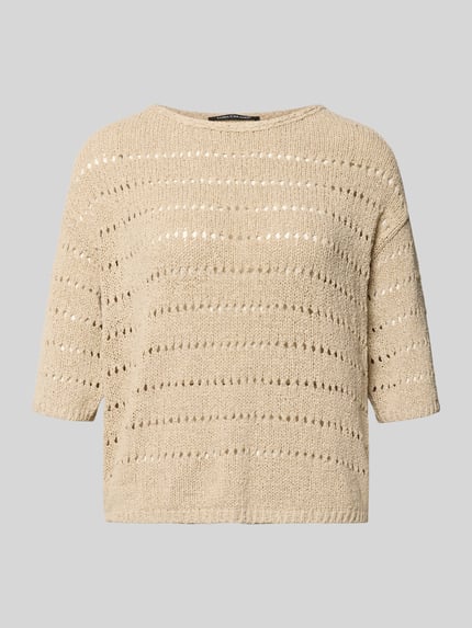 Produktfoto, Strickpullover mit 1/2-Arm von Luisa Cerano in Beige, aus Baumwoll-Mix, relaxed Fit, Lochmuster, Rundhalsausschnitt, Vorderansicht.