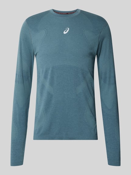 Produktfoto, Longsleeve mit Logo-Print und Rundhalsausschnitt von ASICS in Blau, nahtlose Struktur, Modell ROAD SEAMLESS, gerader Schnitt