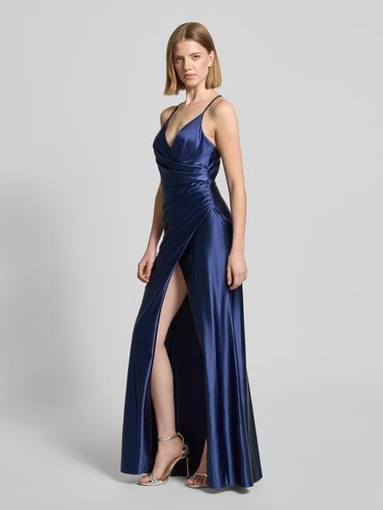 LUXUAR FASHION Długa sukienka z satyny z drapowaniami i rozporkiem Ciemnoniebieski 1