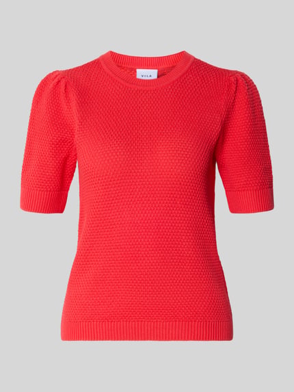 Produktfoto, Slim Fit T-Shirt in tricotlook model 'Vidalo' van Vila, dames t-shirt van puur katoen met ronde hals, rode kleur, fijne textuur