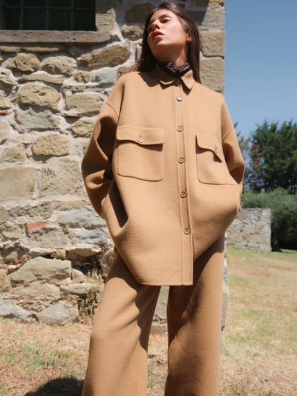 Style Icon Collection Oversized Hemdbluse mit aufgesetzten Brusttaschen aus Woll-Mix - curated by Maja Weyhe Camel 6